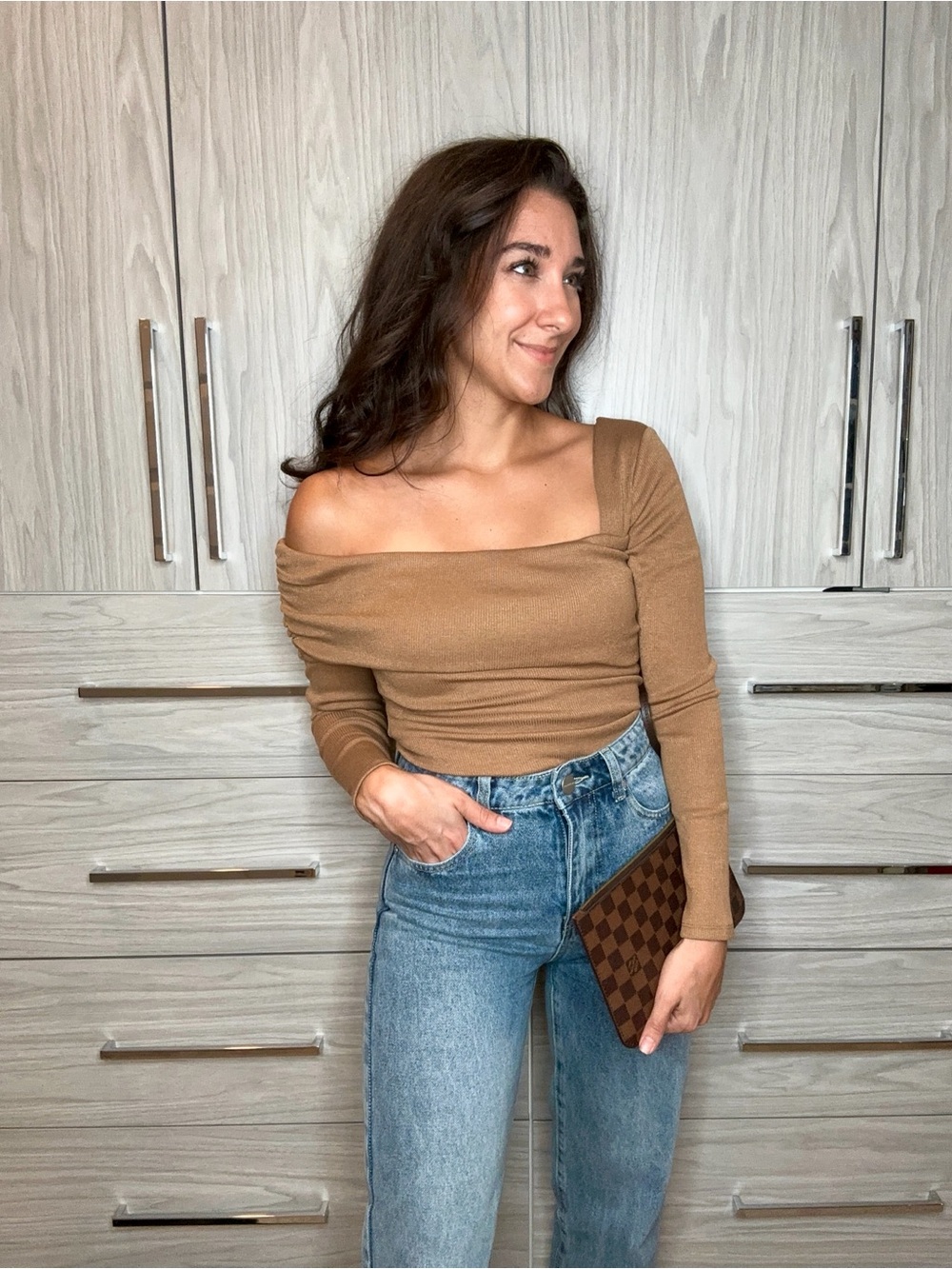 Revolve Off-Shoulder Long Sleeve Top - Camel